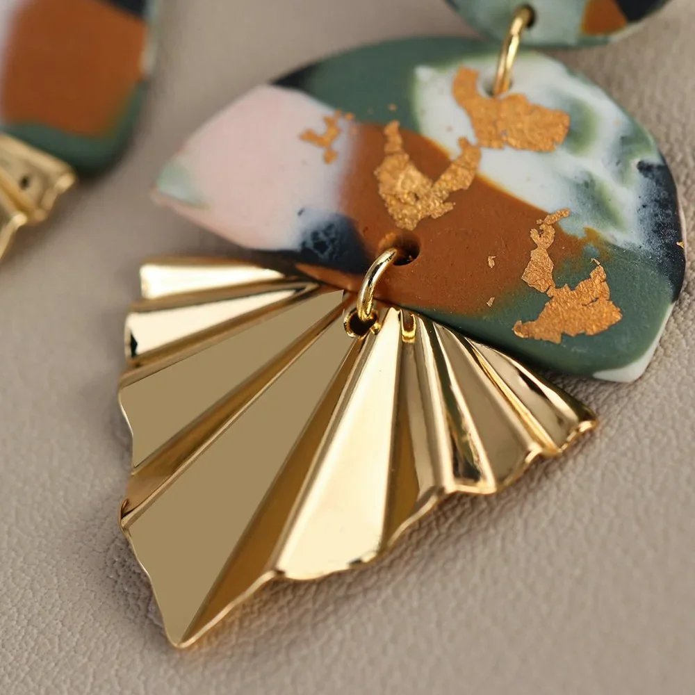 Boho Clay Abstract Gold Accent Fan Dangle Earrings - Picture 5 of 7